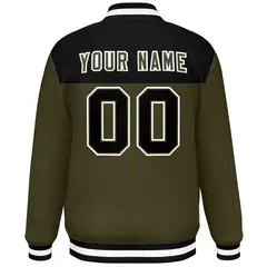 Black Olive-White Color Block Full-Snap Varsity Letterman Jacket 4
