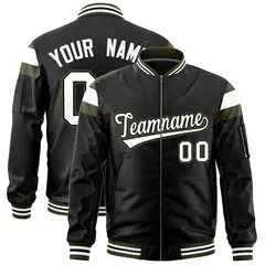 Black Olive White Full-Zip Shoulder Block Varsity Letterman Bomber Jacket 1