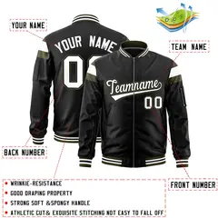 Black Olive White Full-Zip Shoulder Block Varsity Letterman Bomber Jacket 2