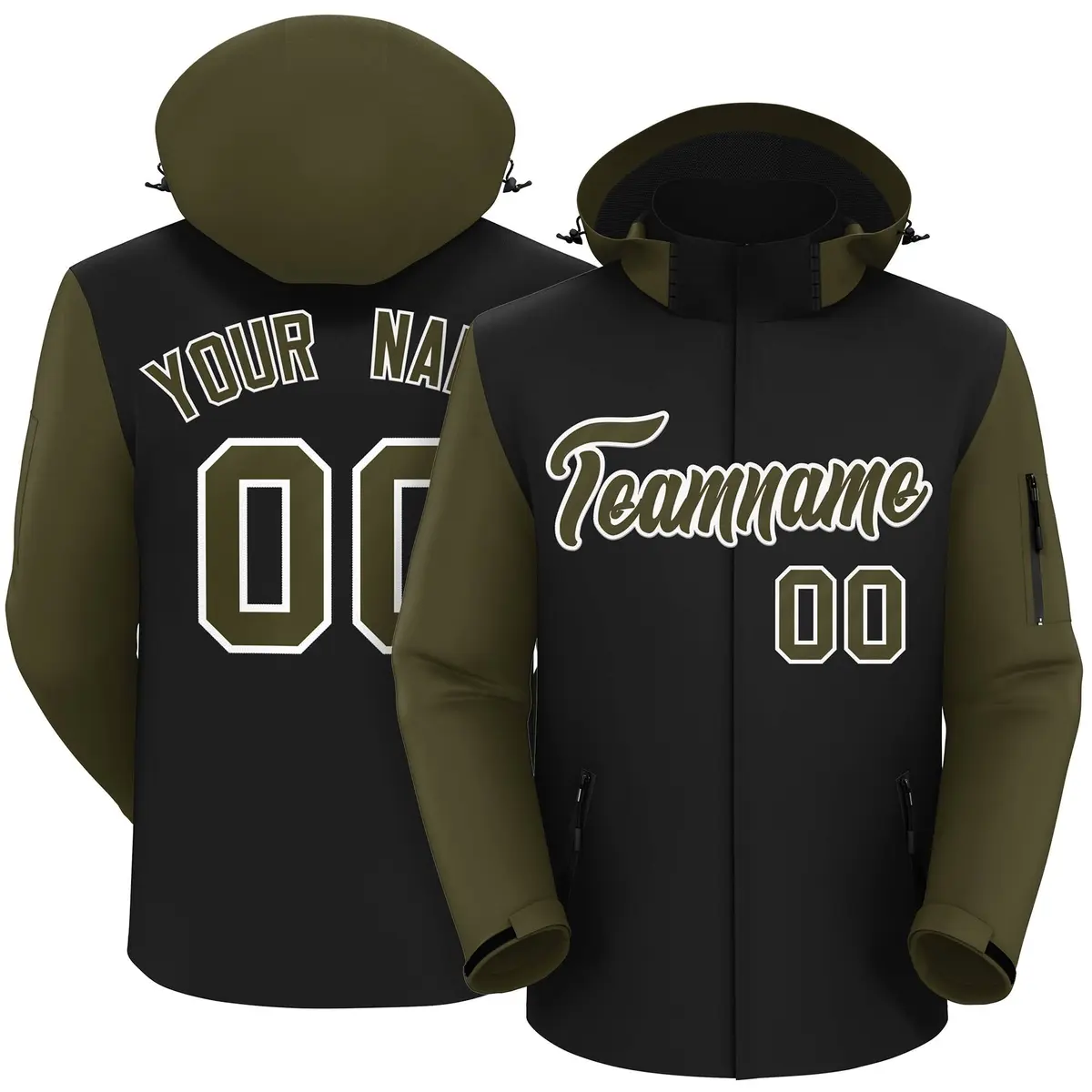 Black Olive-White Raglan Sleeves Waterproof Jacket