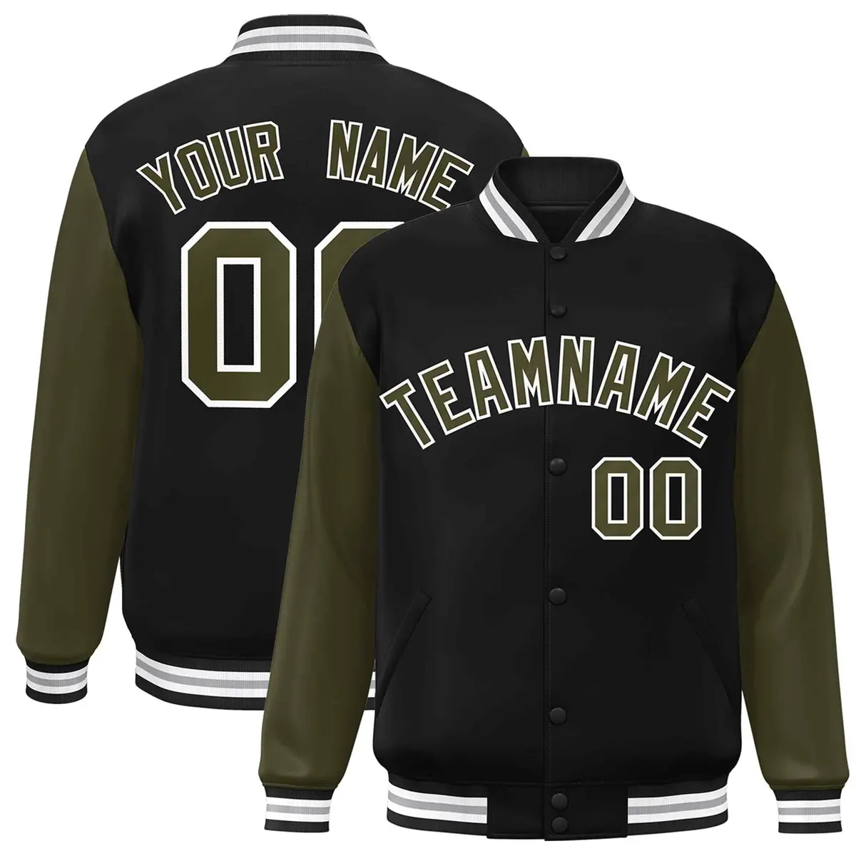 Black Olive-White Raglan Varsity Full-Snap Letterman Jacket
