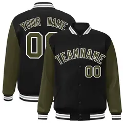 Black Olive-White Raglan Varsity Full-Snap Letterman Jacket