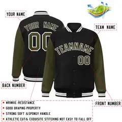 Black Olive-White Raglan Varsity Full-Snap Letterman Jacket 2