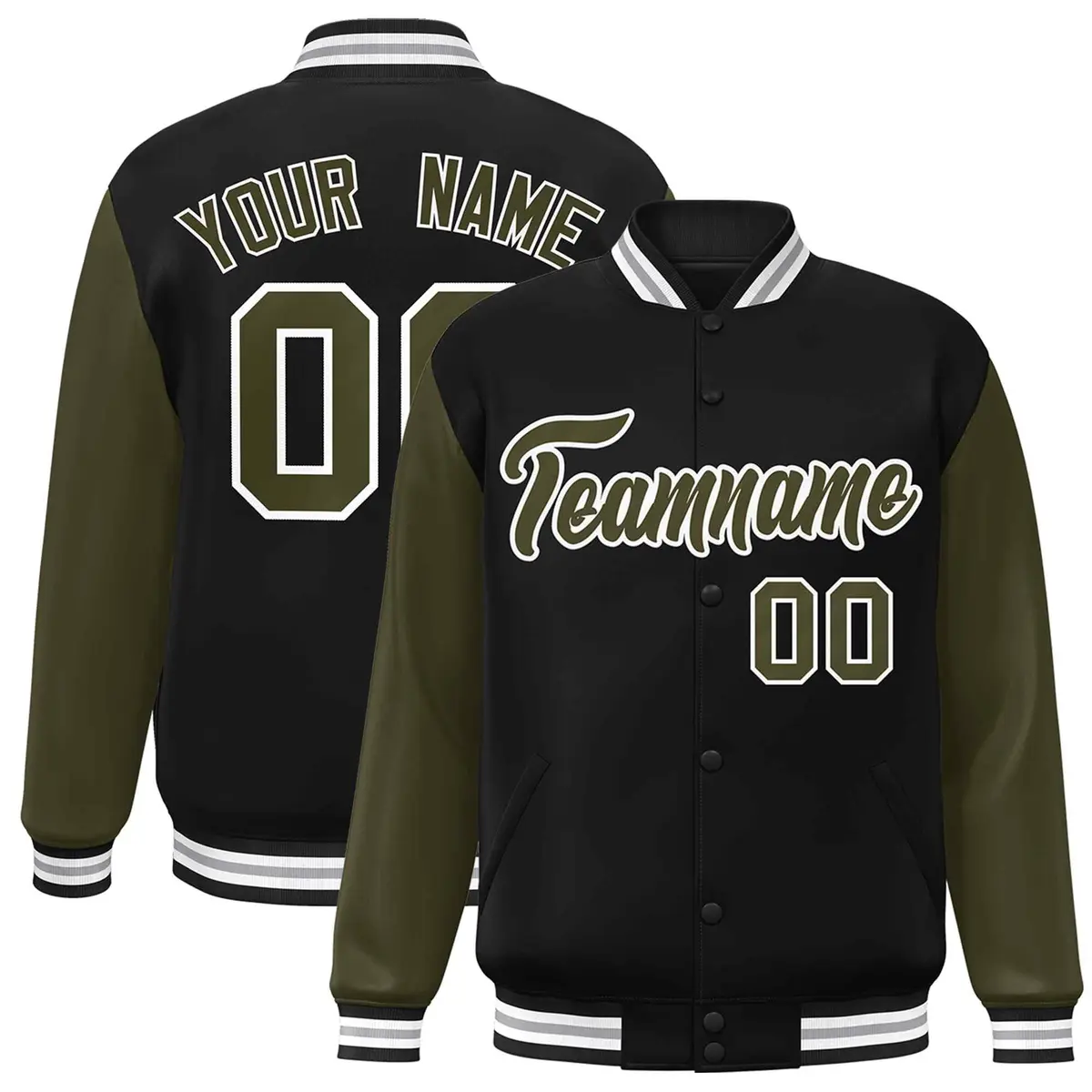 Black Olive-White Raglan Varsity Full-Snap Letterman Jacket