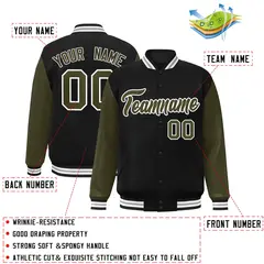 Black Olive-White Raglan Varsity Full-Snap Letterman Jacket 2