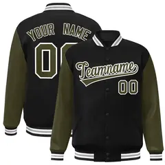 Black Olive-White Raglan Varsity Full-Snap Letterman Jacket 1