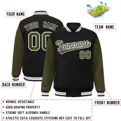 Black Olive-White Raglan Varsity Full-Snap Letterman Jacket 2