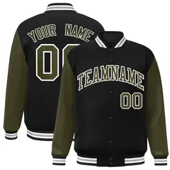 Black Olive-White Raglan Varsity Full-Snap Letterman Jacket