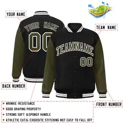 Black Olive-White Raglan Varsity Full-Snap Letterman Jacket 2