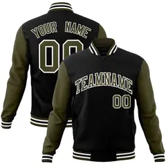 Black Olive-White Raglan Varsity Full-Snap Letterman Jacket