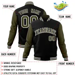 Black Olive-White Raglan Varsity Full-Snap Letterman Jacket 4