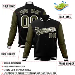 Black Olive-White Raglan Varsity Full-Snap Letterman Jacket 4