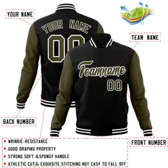 Black Olive-White Raglan Varsity Full-Snap Letterman Jacket 4