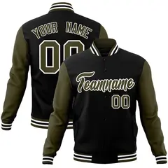 Black Olive-White Raglan Varsity Full-Snap Letterman Jacket