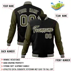 Black Olive-White Raglan Varsity Full-Snap Letterman Jacket 4