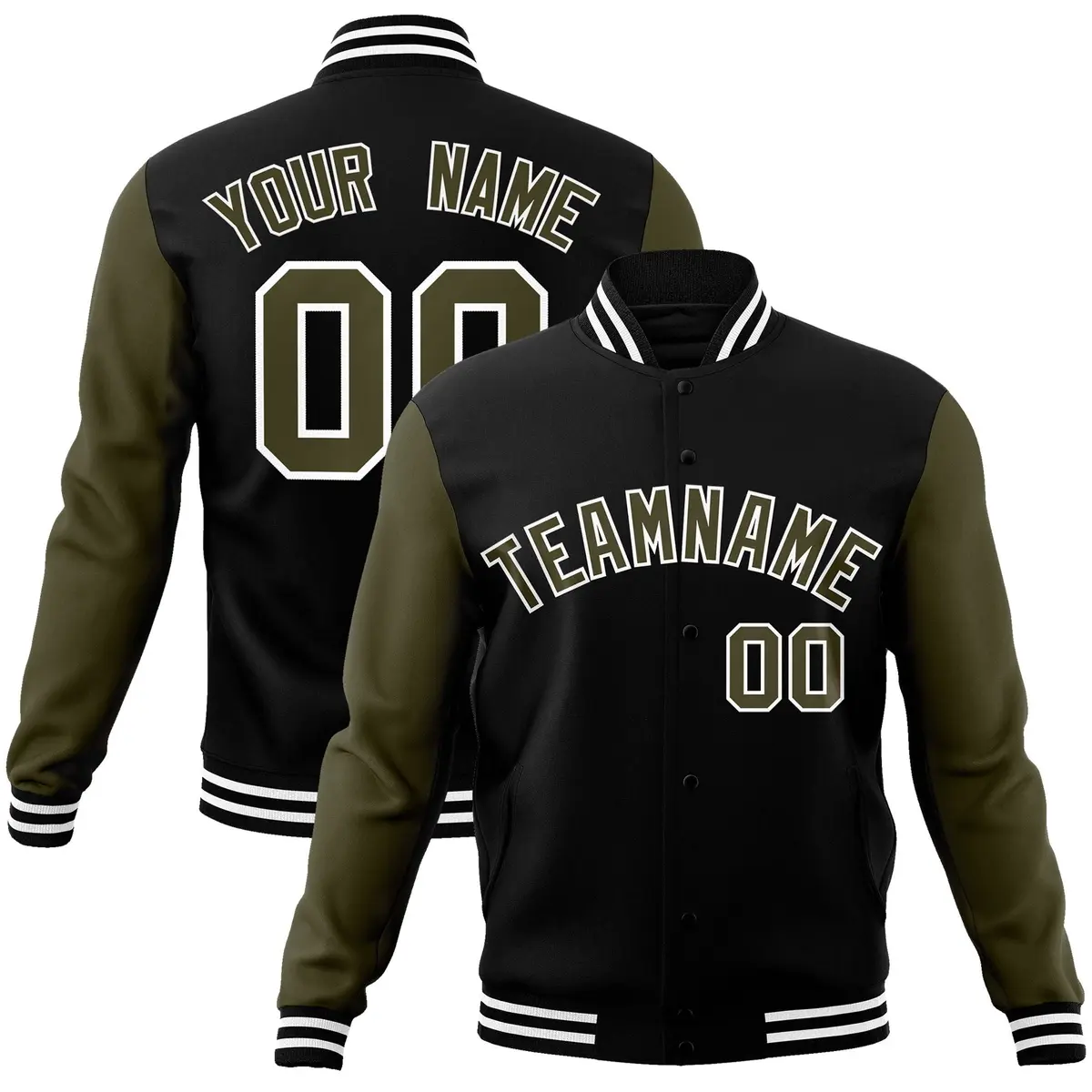 Black Olive-White Raglan Varsity Full-Snap Letterman Jacket