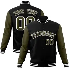 Black Olive-White Raglan Varsity Full-Snap Letterman Jacket