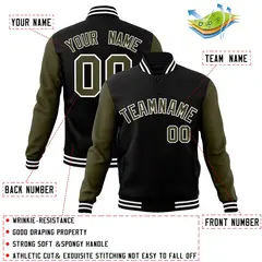 Black Olive-White Raglan Varsity Full-Snap Letterman Jacket 4