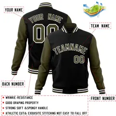Black Olive-White Raglan Varsity Full-Snap Letterman Jacket 4