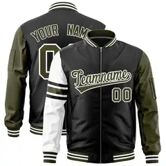 Black Olive-White Stripe Varsity Letterman Bomber Jacket 1