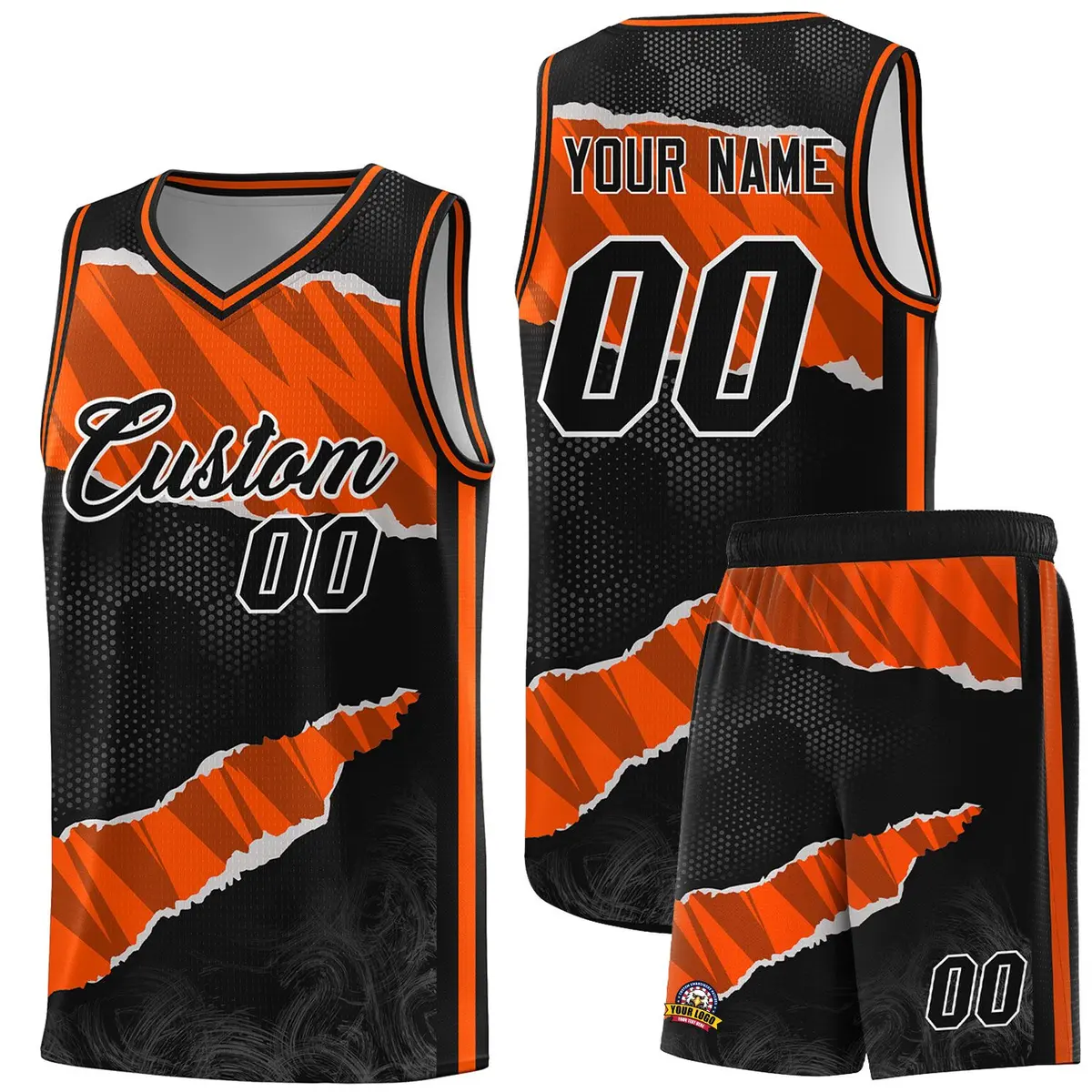 Black Orange-Black Tear Graffiti Pattern Basketball Jersey