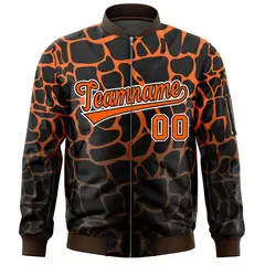 Black Orange-Brown Spotted Full-Zip Letterman Bomber Jacket 3