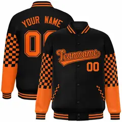 Black Orange Checkered Color Block Bomber Varsity Jacket 1