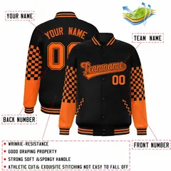 Black Orange Checkered Color Block Bomber Varsity Jacket 2