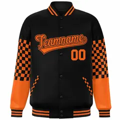 Black Orange Checkered Color Block Bomber Varsity Jacket 3