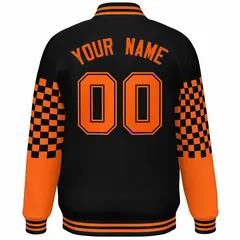 Black Orange Checkered Color Block Bomber Varsity Jacket 4