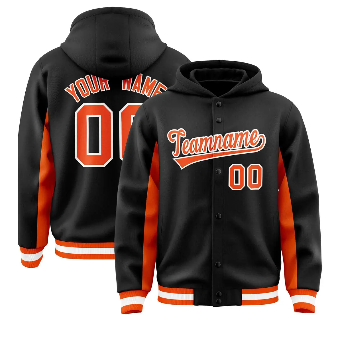 Black Orange Color Block Full-Snap Varsity Letterman Jacket Hoodie