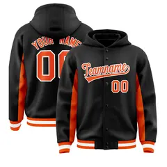 Black Orange Color Block Full-Snap Varsity Letterman Jacket Hoodie