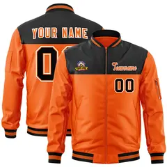 Black Orange Color Block Full-Zip Varsity Letterman Bomber Jacket