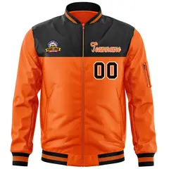Black Orange Color Block Full-Zip Varsity Letterman Bomber Jacket 3