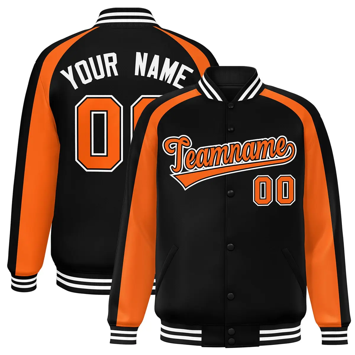 Black Orange Color Block Raglan Varsity Letterman Jacket