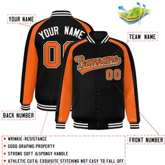 Black Orange Color Block Raglan Varsity Letterman Jacket 2