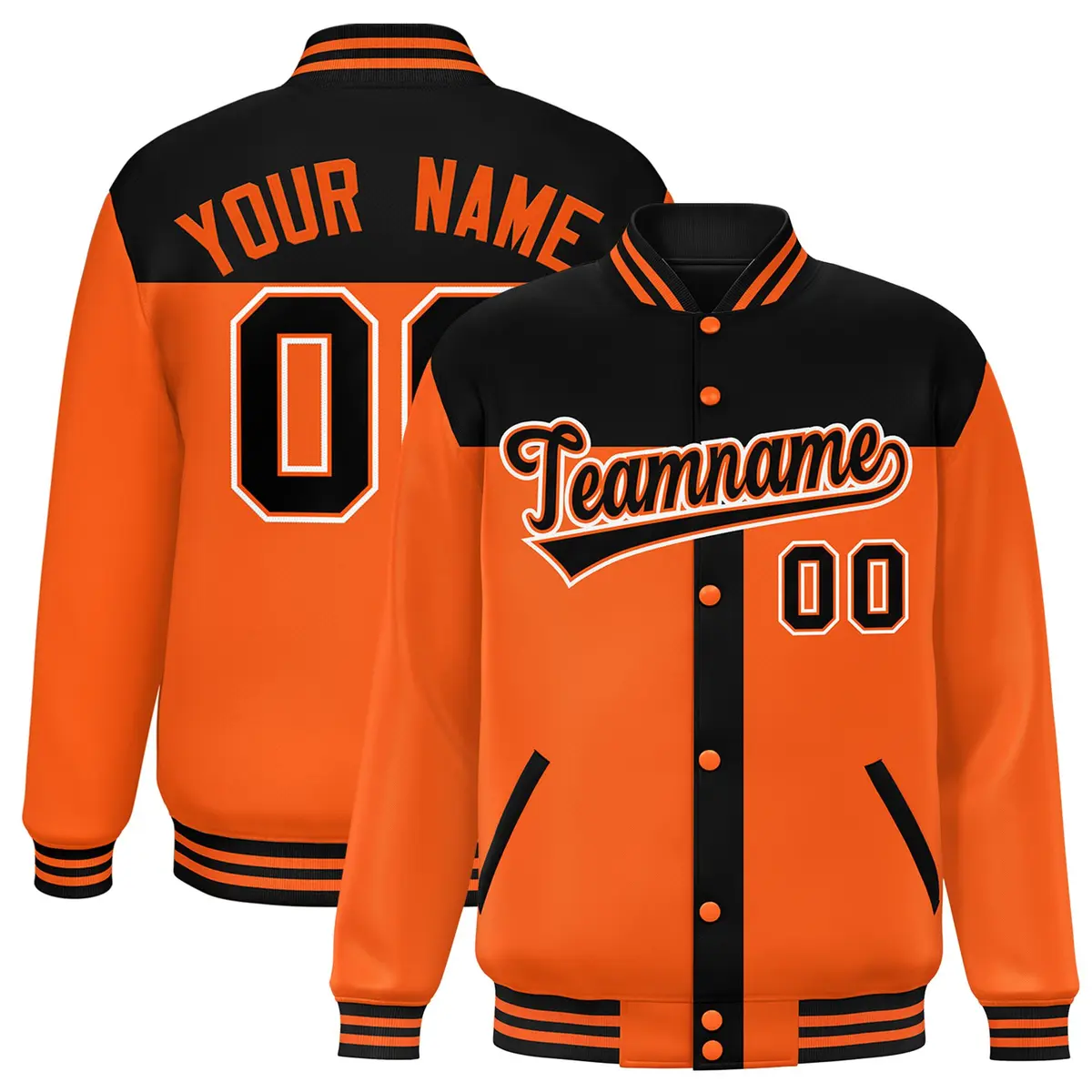 Black Orange Color Block Varsity Bomber Baseball Jacket