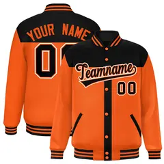 Black Orange Color Block Varsity Bomber Baseball Jacket 1