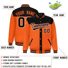 Black Orange Color Block Varsity Bomber Baseball Jacket 2