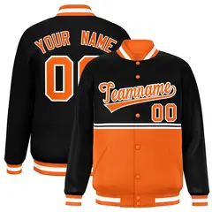 Black Orange Color Block Varsity Full-Snap Letterman Jacket 1