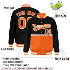 Black Orange Color Block Varsity Full-Snap Letterman Jacket 2