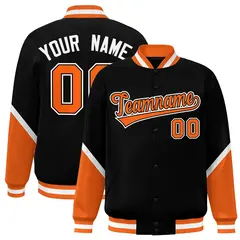 Black Orange Color Block Varsity Letterman Baseball Jacket 1
