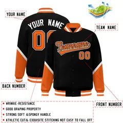 Black Orange Color Block Varsity Letterman Baseball Jacket 2