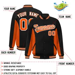 Black Orange Color Block Varsity Letterman Baseball Jacket 2