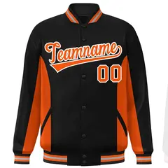 Black Orange Color Block Varsity Letterman Baseball Jacket 3