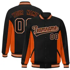 Black Orange Color Block Varsity Letterman Baseball Jacket 1