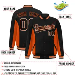Black Orange Color Block Varsity Letterman Baseball Jacket 2