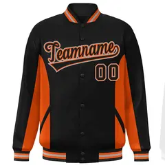 Black Orange Color Block Varsity Letterman Baseball Jacket 3