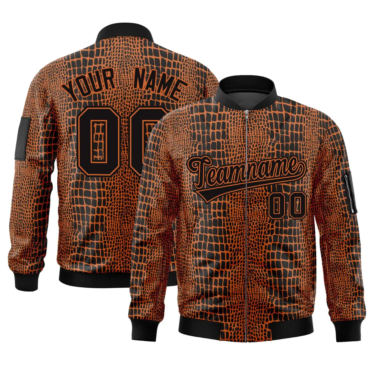 Black Orange Crocodile Graffiti Full-Zip Letterman Bomber Jacket