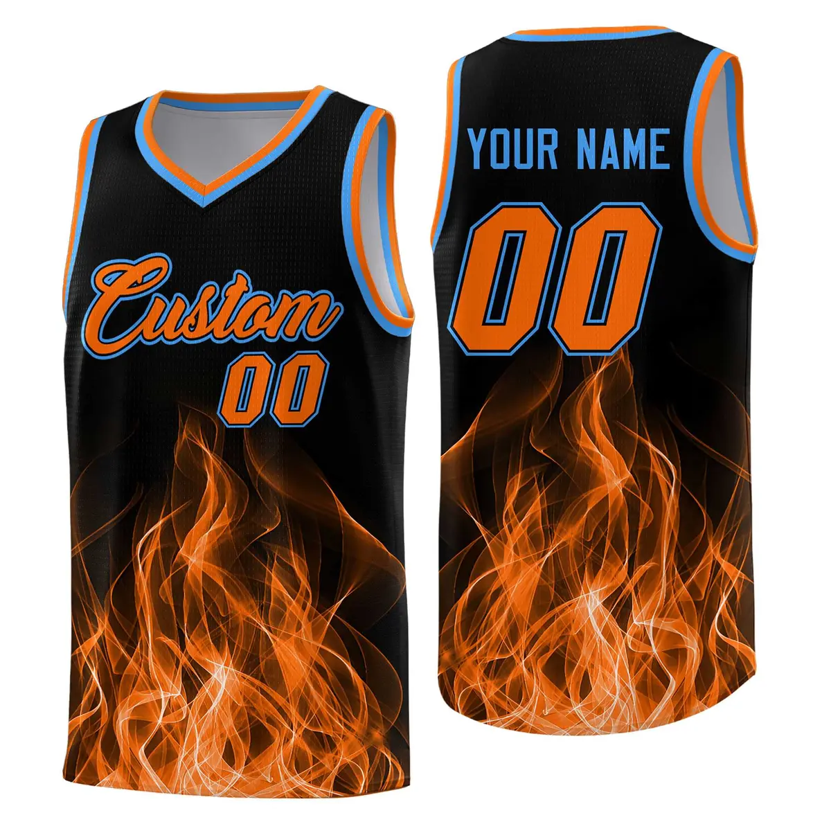 Black Orange Flame Graffiti Sublimation Printed Basketball Jersey